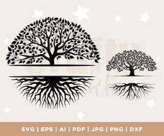 two tree silhouettes with roots and stars in the background