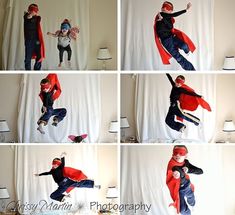 multiple pictures of a child dressed as superman