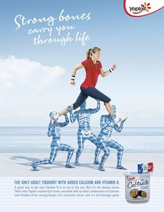 an ad for yogurt featuring a woman running on the beach with her friends