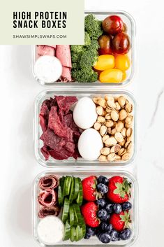 two plastic containers filled with different types of food and the words high protein snack boxes above them