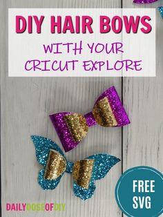 the diy hair bows with your cricut exploreer is shown in gold and purple