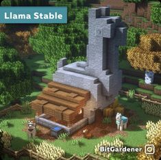 an image of a small house in the middle of some trees and bushes with text overlay that reads llama stable