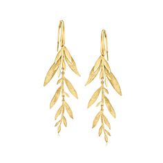 Our gorgeous drop earrings embody leafy branches, glimmering a warm glow in brushed and polished 18kt yellow gold over sterling silver. The refined, nature-inspired design makes them a timeless choice to have on hand. Made in Italy. Hanging length is 2 3/4". Earwire, 18kt gold over sterling leaf and branch drop earrings. Bronze Leaf Earrings, Gold Earrings Hanging, Ghaf Tree, Tree Branch Jewelry, Nature Inspired Design, Wedding Outfits, Tree Branches, Nature Inspired, Wedding Outfit