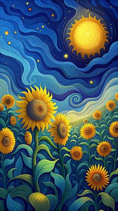 a painting of sunflowers in a field at night