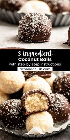 chocolate covered coconut balls on a plate with text overlay that reads 3 ingredient coconut balls with step by step instructions