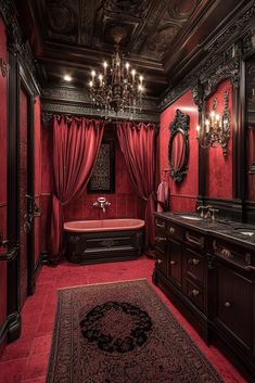 an ornate bathroom with red walls and flooring