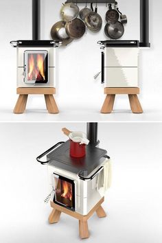 two stoves with pots and pans hanging from the ceiling, one on top of each other