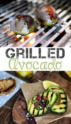 grilled avocados on the grill with text overlay