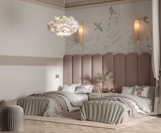 a bedroom with two beds and a chandelier hanging from the ceiling