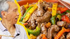 an old man holding chopsticks in front of a plate of food with meat and vegetables