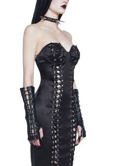 This strapless maxi dress has a satin construction with a wired underbust, a front ribbon lace-up design with self-tie hem closures, a short train, and a back hook and zipper closure. Lace Tie, High Fashion Outfits, Strapless Maxi, New Dresses, Strapless Maxi Dress, Satin Maxi, Satin Maxi Dress, Halloween Fashion, Tie Dress