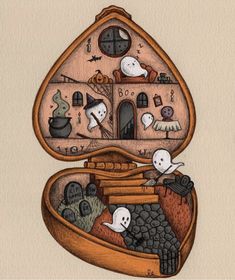 a drawing of a wooden box filled with lots of halloween decorations and ghost heads in it