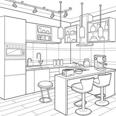 a line drawing of a kitchen with stools