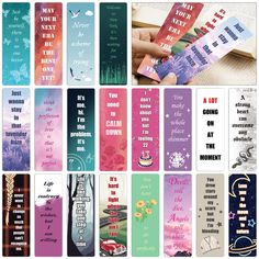 the bookmarks are all different colors and designs, with words written on each one