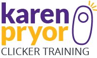 the logo for karren pryor clicker training, which is located in an orange and purple circle