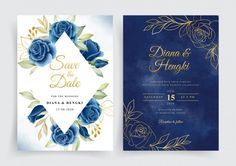 a wedding card with blue roses and gold foil on the front, and an elegant floral design