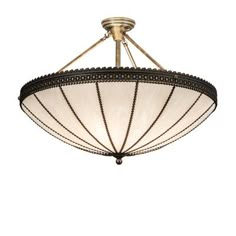 a light fixture with a white glass shade on it's center point and beaded trim around the rim