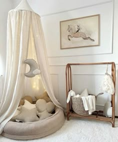 a baby's room with a canopy bed and white rugs on the floor