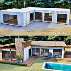 two pictures side by side of a house made out of shipping containers and the same building