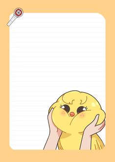 a yellow bird holding its head in front of a notepad with writing paper behind it