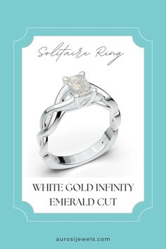 an engagement ring with the words white gold infinity emerald cut written below it