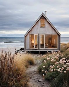 a small wooden house sitting on top of a beach next to tall grass and flowers