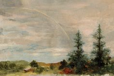 a painting of a rainbow in the sky over a field with trees and a house