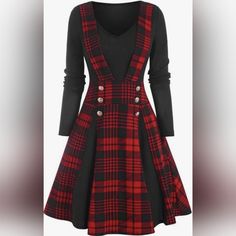 Women's Winter Dress. Plaid Print Mock Button Faux Twinset Vintage Long Sleeve O Neck Dress. Size Large. Has Some Stretch. New With Tags. Fall Plaid Dresses With Buttons, Black Plaid Outfit, Womens Plaid Dress, Plaid Christmas Dress, Womens Winter Dresses, Red And Black Outfits, Plaid Outfits, Red And Black Plaid, Plaid Dress