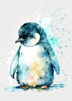 a watercolor painting of a penguin with blue and yellow spots on it's body