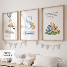 three framed pictures hang on the wall above a bench in a child's room