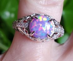 Fabulous Favorite Lavender Purple Multicolored Fire Lab Created Opal, 8mm Round, 925 Sterling Silver Vintage Style Filigree Ring With Cubic Zirconia Trim, Velvet Ring Box Included. Great Gift! Purple Opal Ring Gift, Elegant Pink Opal Sterling Silver Ring, Elegant Pink Opal Ring In Sterling Silver, Elegant Sterling Silver Opal Ring, Birthstone Colors Chart, Colors Chart, Dream Rings, Lavender Opal, Purple Opal