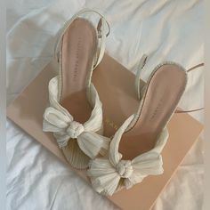 Wore These On My Wedding Day And Rehearsal Dinner. Did A Lot Of Dancing So They Have Some Love But Only Really Discolored In Places That Aren’t Noticeable (Where Your Feet Cover!) And Very Subtle Marks On The Heels. Well Loved But Still Have Life Left In Them! Perfect Shoe For A Bride!!! Loeffler Randall Shoes, Bow Heels, Loeffler Randall, Perfect Shoes, Cream White, Pearl Color, Shoes Women Heels, Shoes Heels, Wedding Day