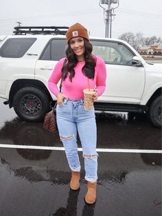 hot pink bodysuit outfit | hot pink bodysuit outfit jeans | hot pink top and jeans outfit | abercrombie jeans outfit | straight jeans outfit | straight jeans and boots | straight jeans outfit casual | carhartt beanie outfit winter | ripped straight jeans outfit | ugg mini boots outfit winter | styling ugg minis | how to style ugg mini boots | comfy casual outfit ideas for women | casual winter outfits Pink Ugg Telfar Bag Outfit, Ripped Straight Jeans Outfit, Fall Ugg Boots Outfit, Ugg Boots Outfit Winter Jeans, Pink Boots Outfit Winter, Pink Bodysuit Outfit Jeans, Outfit With Pink Boots, Hot Pink Uggs Outfit, Carhartt Beanie Outfit Winter