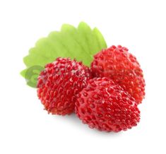 three strawberries with leaves on a white background