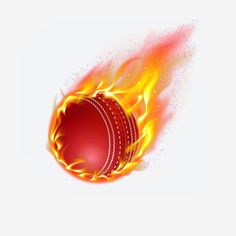 a red cricket ball with flames on it's side, flying through the air