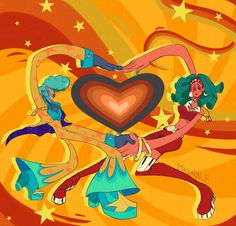 two women are dancing in front of a heart with stars on the sides and an orange background