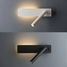 two different angles of a wall light that is on the side of a gray wall