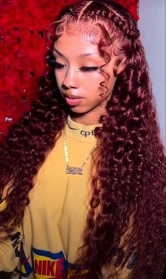 Curly Wig Hair Styles For Black Women, Frontal Pigtail Hairstyles, 30 Inch Curly Wig Hairstyles, Deep Wave Lace Front Wigs Hairstyles, Baddie Christmas Hairstyles, Lace Frontal Curly Hairstyle, Styles On Wigs Black Women, Red Birthday Hair, Curly Wig Hairstyles With Bow