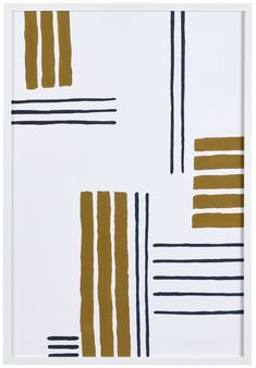 an abstract painting with gold and black lines on white paper, framed in wood frame