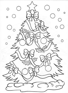 a christmas tree with presents on it and snowing in the background, coloring page