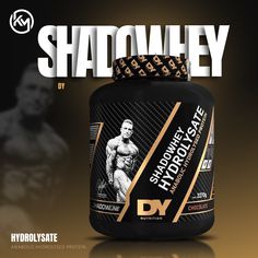 an image of a bottle of whey protein on a black and gold background with the words