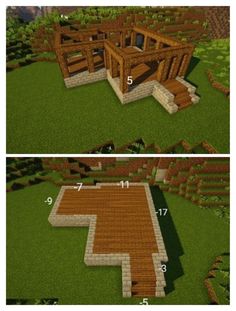 two pictures showing how to build a wooden house in minecraft, with the steps and roof made out of bricks