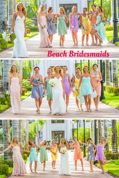 the bridesmaids are posing for pictures in different colors and styles, all wearing dresses