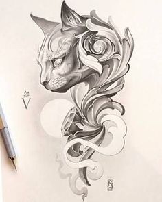 a pencil drawing of a cat with swirls on it's head and eyes