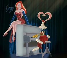 a woman sitting on top of a piano next to a rabbit