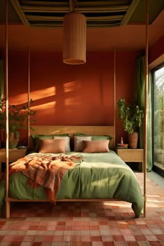 A modern bedroom with terracotta walls and a bamboo ceiling. The room features an organic cotton bed with terracotta and green linens, a bamboo nightstand, and a terracotta earthenware lamp. A terracotta and green organic rug and a bamboo room divider complete the organic look. Sage Green And Terracotta Bedroom Decor, Spice Bedroom Ideas, Organic Modern Design Home, Sage And Rust Bedroom Ideas, Olive Terracotta Bedroom, Colorful Organic Interior Design, Green And Rust Bedroom Ideas, Terracotta House Interior, Red Earth Bedroom