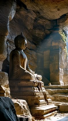 a buddha statue sitting in the middle of a cave