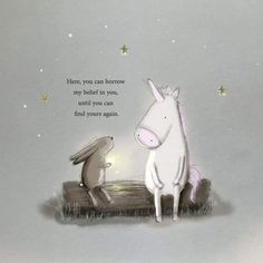 an illustration of a bunny and a horse looking at each other