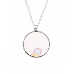 a round necklace with a pink box on the bottom and a chain hanging from it