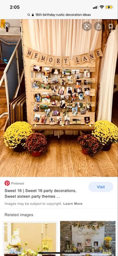 an image of a table with pictures on it and flowers in vases next to the table